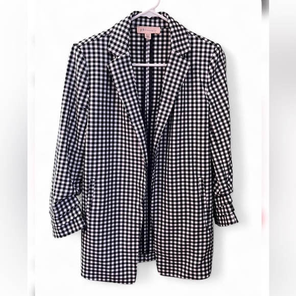 Philosophy Jackets & Blazers - Black & White Gingham Open Front Blazer Ruched Sleeves Extra Small, Like New